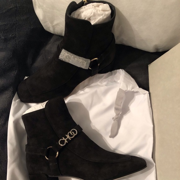 JIMMY CHOO 40MM MALIN SUEDE BOOTIE BLACK/CRYSTAL - Picture 3 of 9